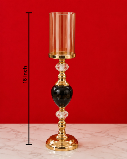 Luxury Crystal Glass Hurricane Candle Stand – 16 Inch Gold & Black Metal Decorative Candle Holder for Living Room, Dining Table, Wedding & Home Decor