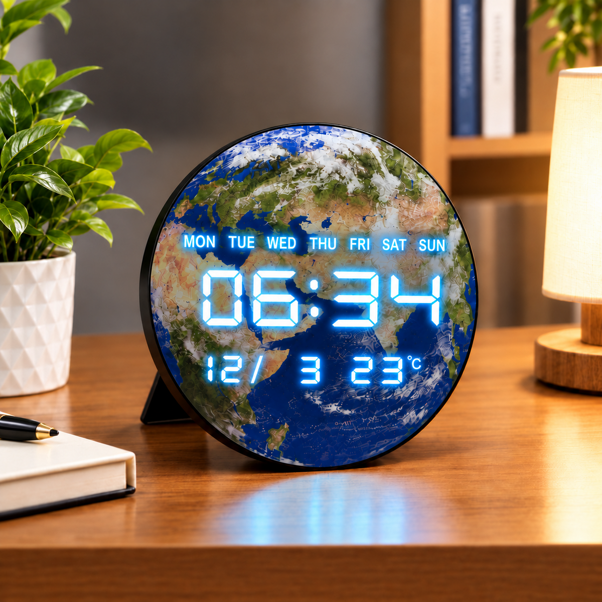 12-Inch Digital Earth LED Clock with Date, Day & Temperature Display – Wall & Table Clock