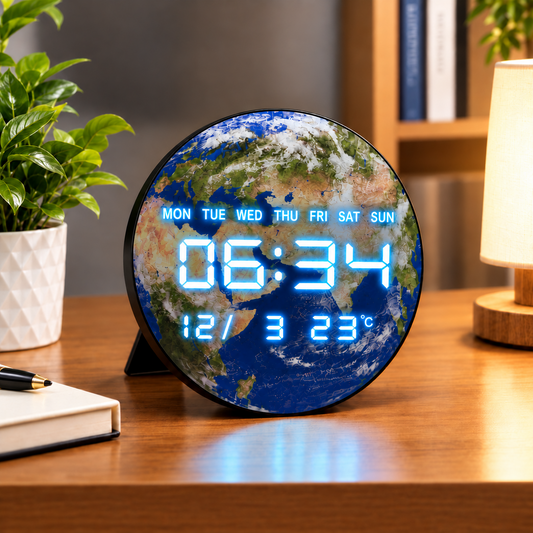 12-Inch Digital Earth LED Clock with Date, Day & Temperature Display – Wall & Table Clock