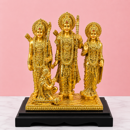 Premium Gold Finish Ram Darbar Idol with Wooden Base | Lord Ram, Sita, Lakshman & Hanuman Showpiece for Home Temple & Office (8 x 6.5 Inch)