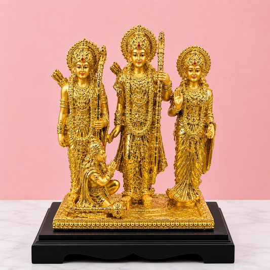 Premium Gold Finish Ram Darbar Idol with Wooden Base | Lord Ram, Sita, Lakshman & Hanuman Showpiece for Home Temple & Office (8 x 6.5 Inch)