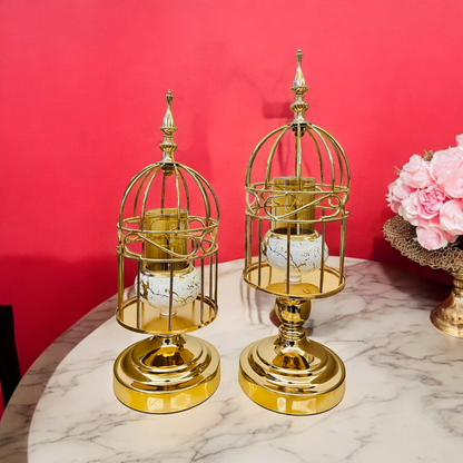 Luxurious Golden Cage Candle Stand with white marble finished holder inside- set of 2