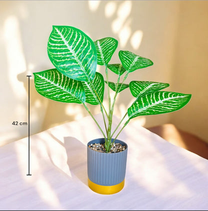 Artificial Tropical Leaf Plant in Minimalistic Fibre Pot with Pebbles for Home Decor