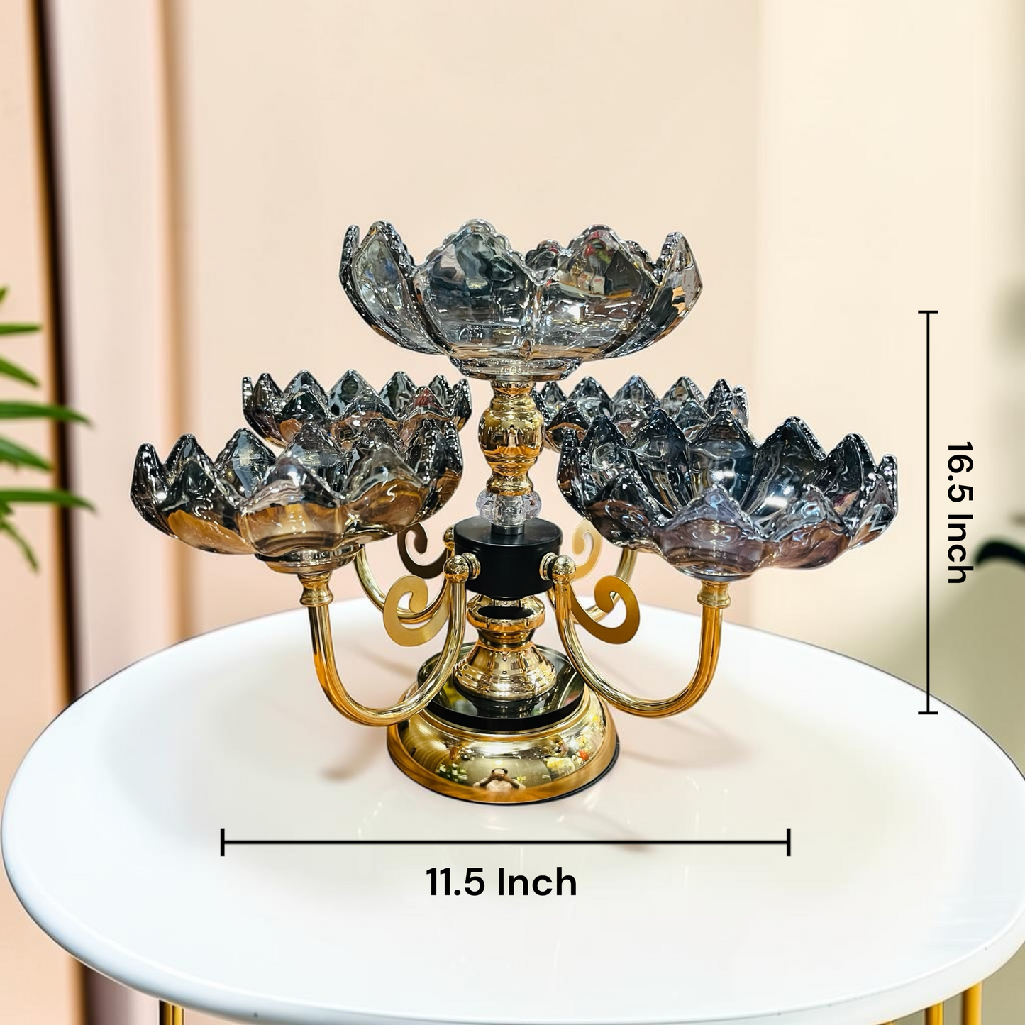 Luxury 5-Tier Lotus Smokey Glass Dry Fruit & Dessert Stand with Gold Pedestal– Decorative Multi-Bowl Centerpiece