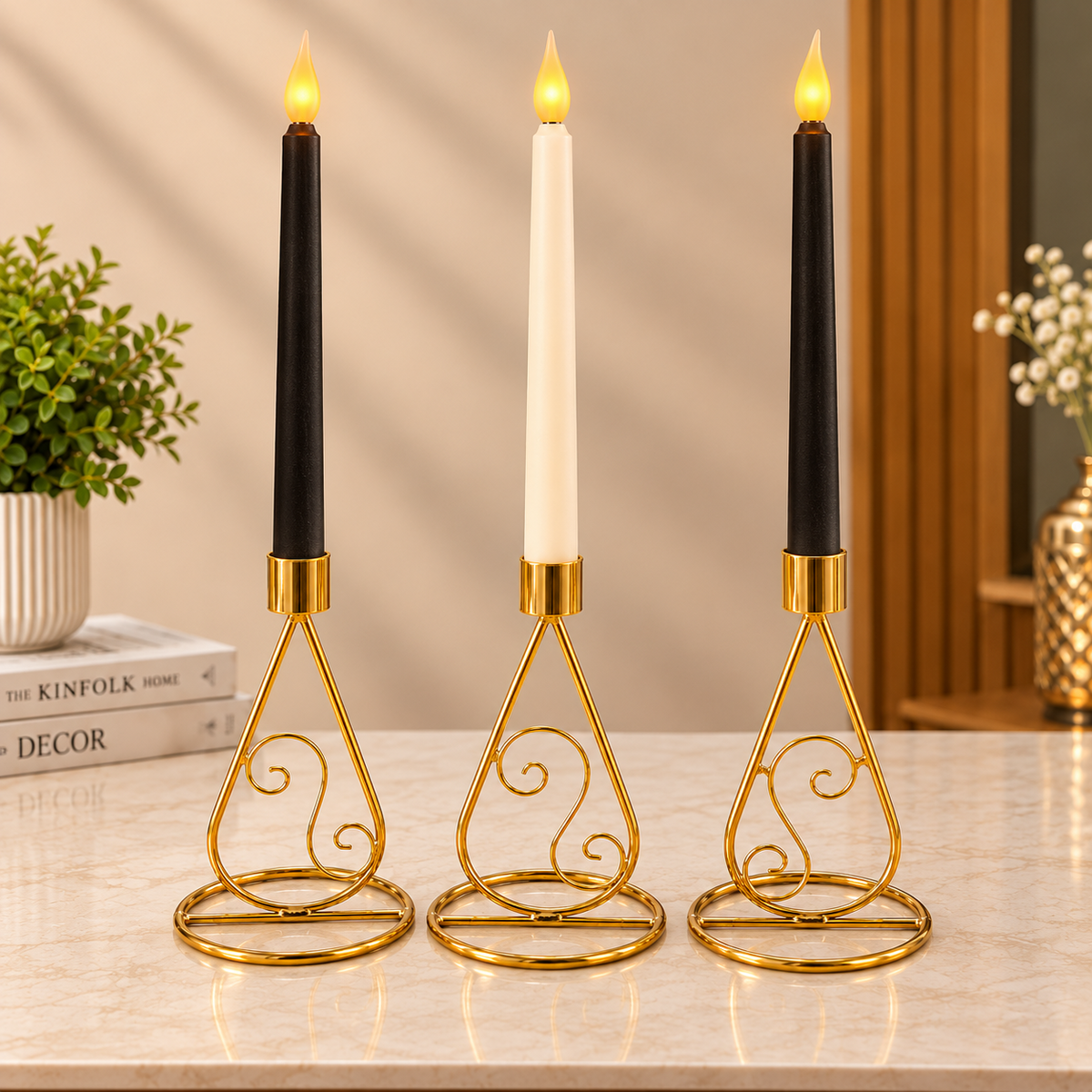 Set of 3 Golden Brass Taper Candle Stands – Elegant Decorative Candle Holders for Home Decor