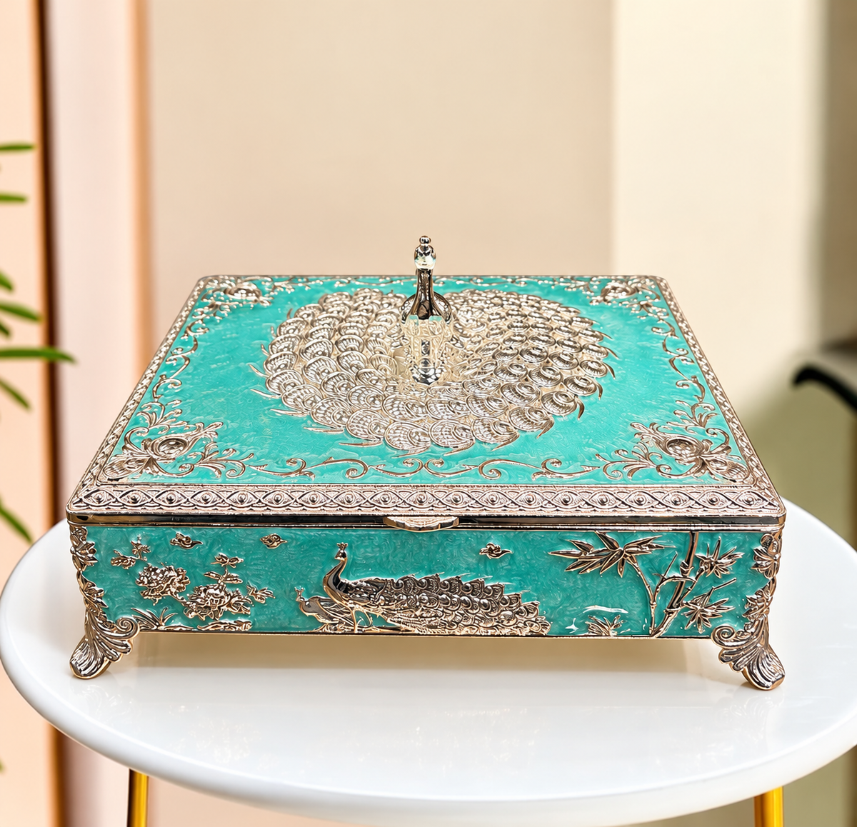 Premium German Silver Turquoise Enamel Peacock Jewellery & Dry Fruit Organizer Box, 8.5*6.5 Inches
