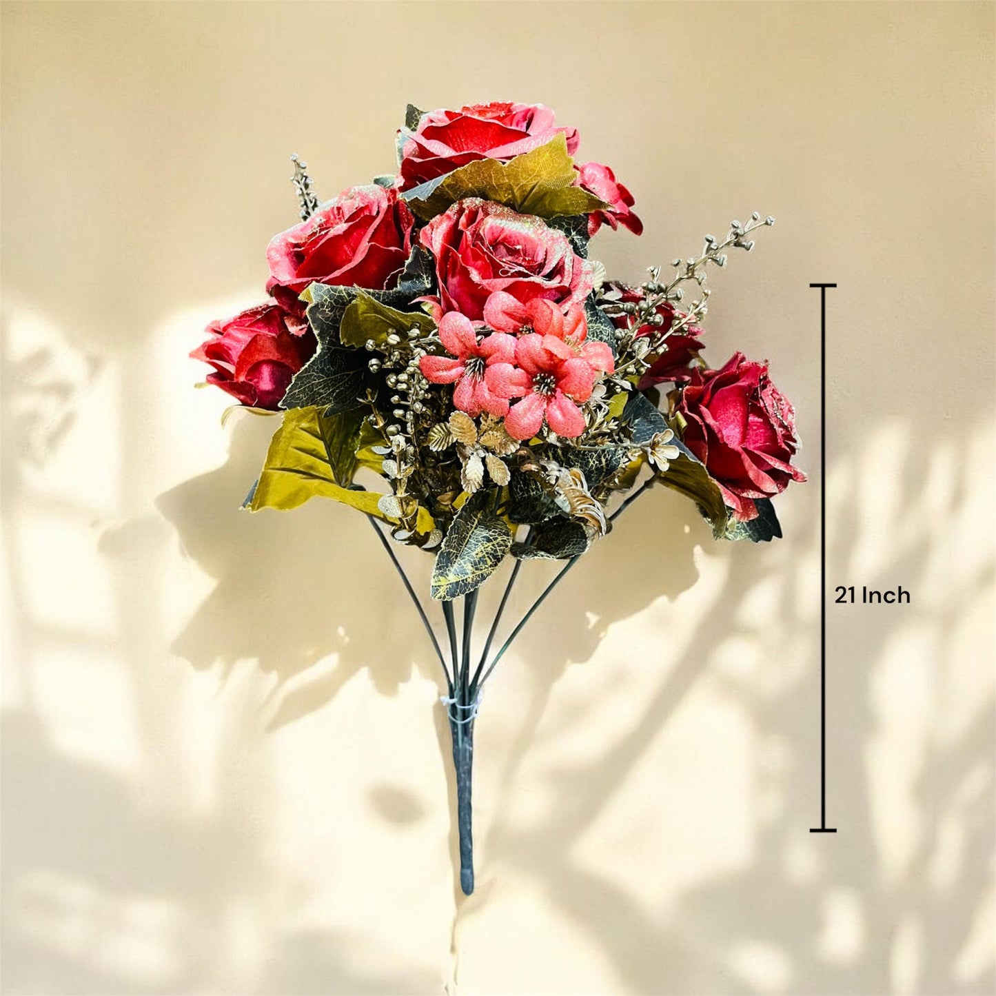Premium Glittered Artificial Rose Flower Bunch for Home Decor, 21 Inch