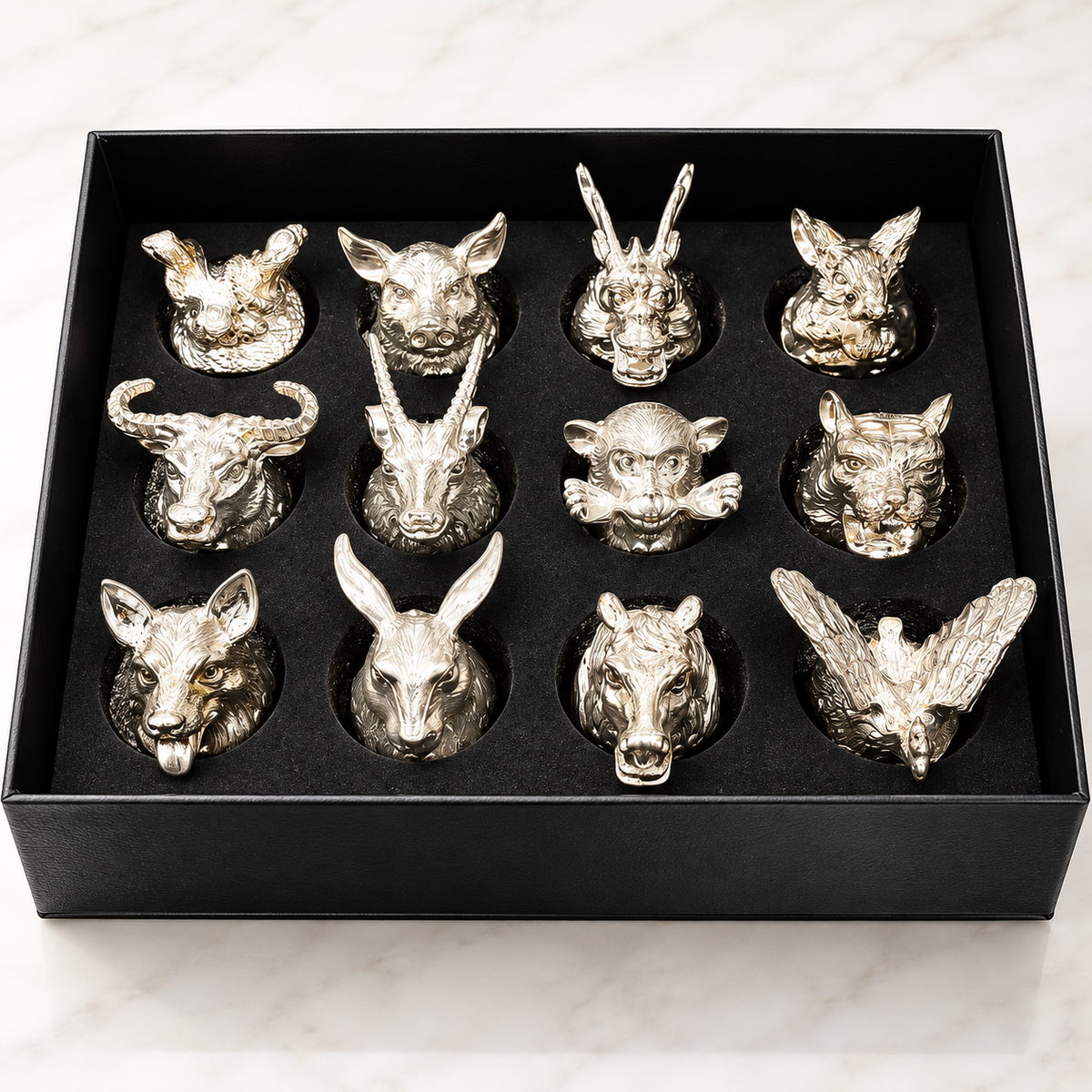 Premium Animal Head Shot Glasses Set with Decorative Metal Bases – Luxury Barware Gift Set (Silver)