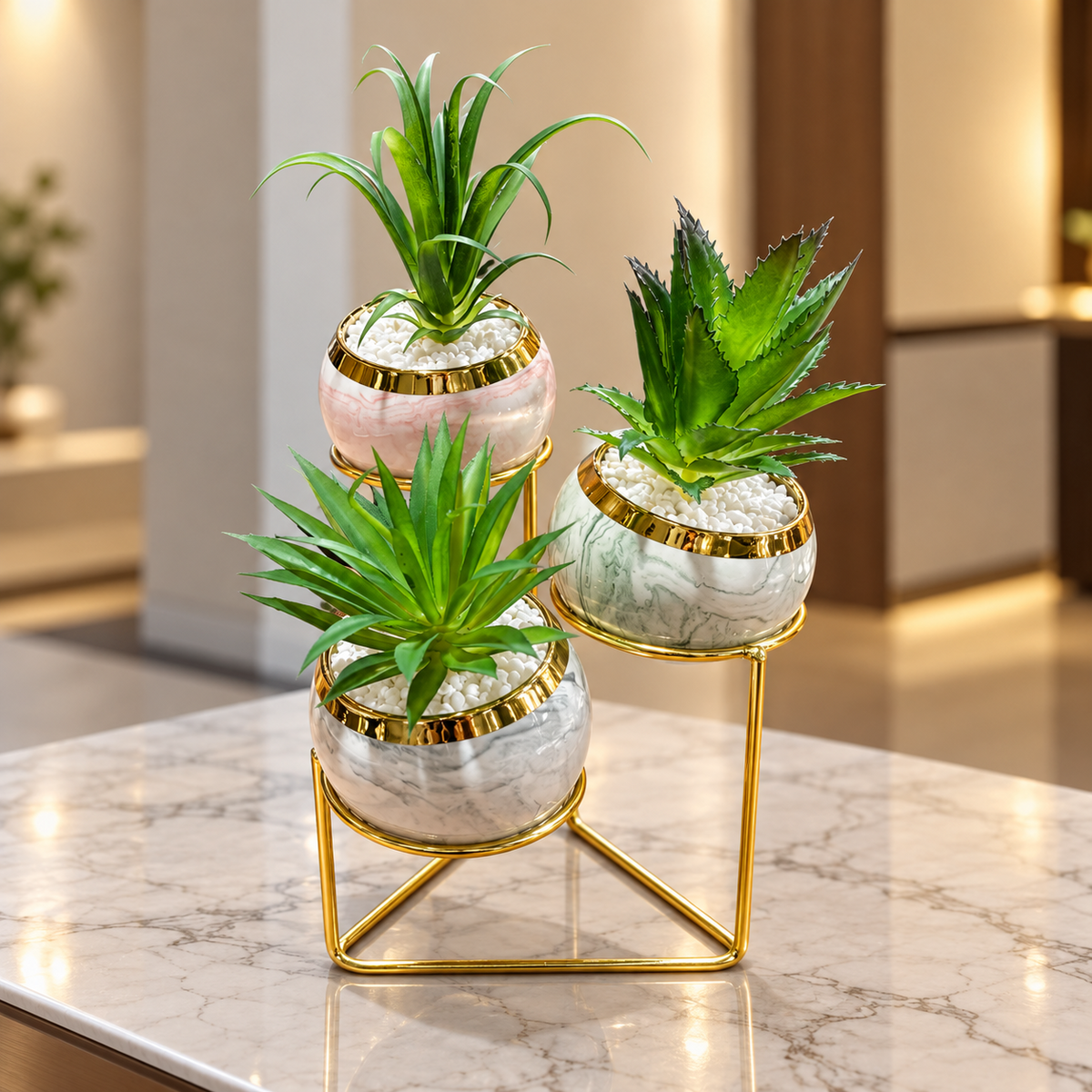 Artificial Succulent Plant Trio with Marble Finish Ceramic Pots & Gold Metal Stand