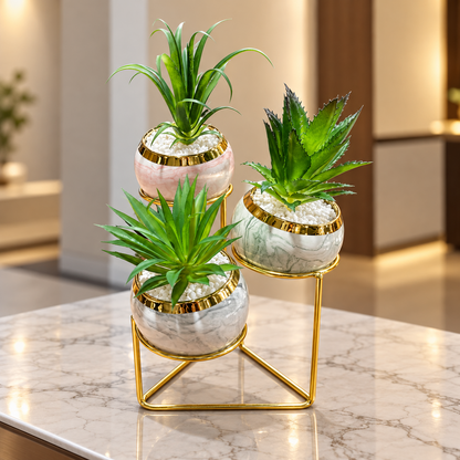 Artificial Succulent Plant Trio with Marble Finish Ceramic Pots & Gold Metal Stand