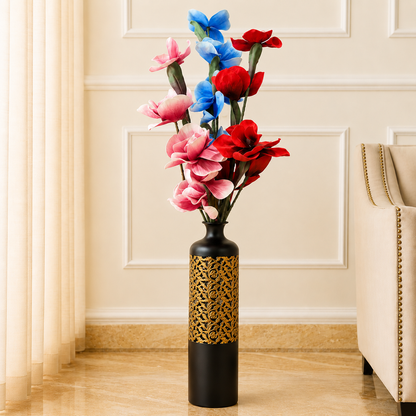 Luxury Black & Gold Floral Metal Floor Vase – 31 Inches | Tall Decorative Statement Vase