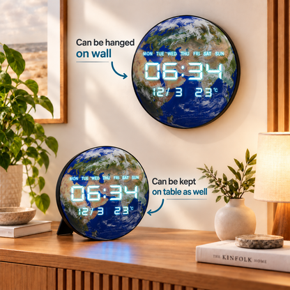 12-Inch Digital Earth LED Clock with Date, Day & Temperature Display – Wall & Table Clock