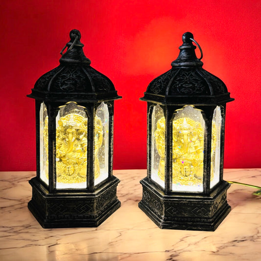 "LED Ganesh Ji Water Lantern Candle Set of 2| Decorative Spiritual Lamp with Glitter Waterfall Effect"