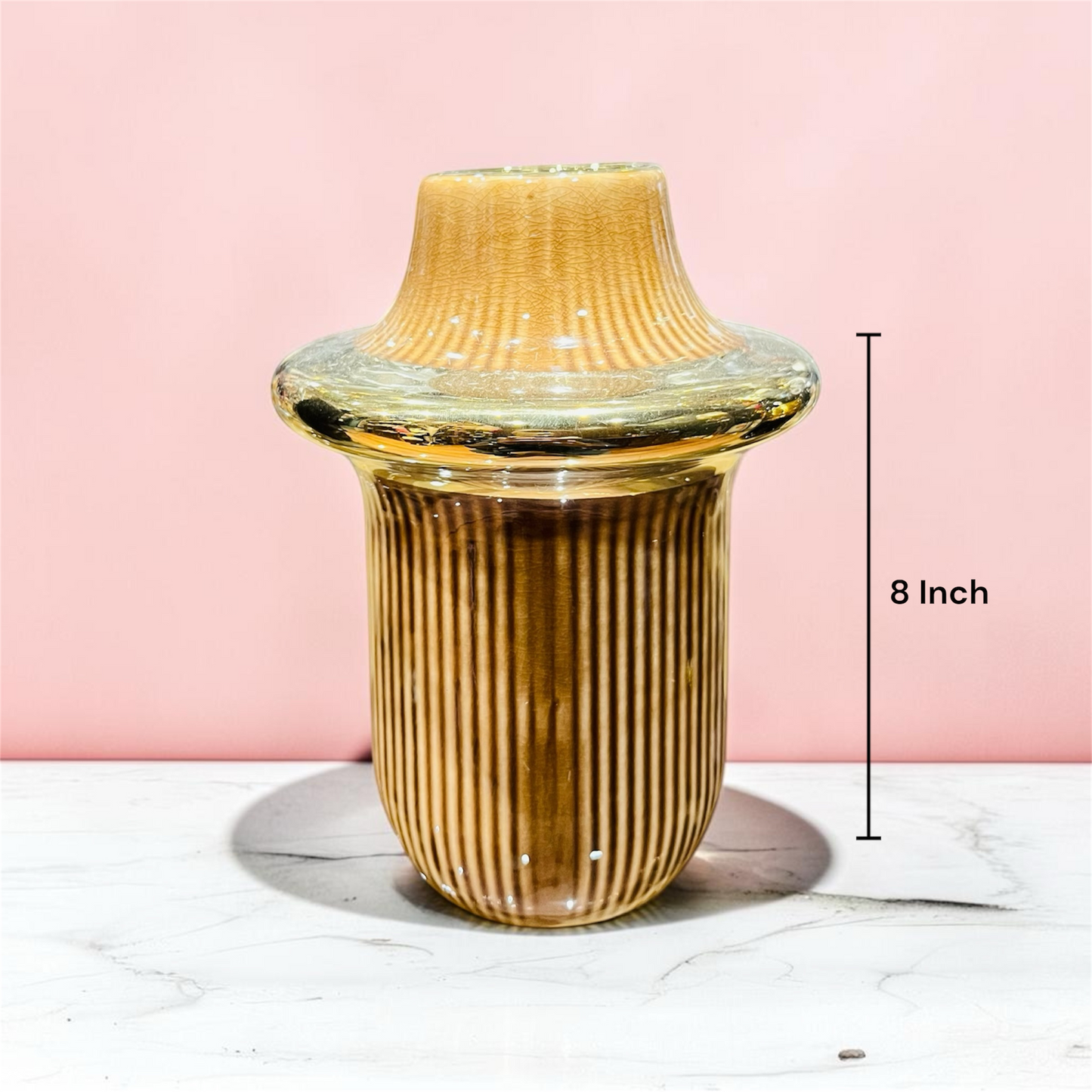 Contemporary Fluted Ceramic Vase with Gold Accent 8 Inch