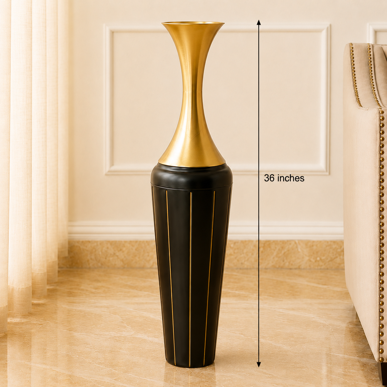 Luxury Black & Gold Metal Floor Vase – 36 Inches | Tall Modern Decorative Vase