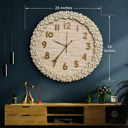 Luxury Beige Floral Wall Clock with Golden Numbers – Elegant Decorative Clock