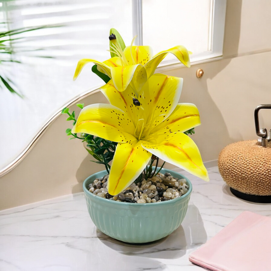 Artificial Yellow Lily Plant in Ceramic Pot with Authentic Pebbles - Stylish Home Décor