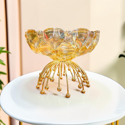 Luxury Amber Lotus Glass Fruit & Snack Bowl with Gold Metal Pedestal Stand – Decorative Tabletop Centerpiece