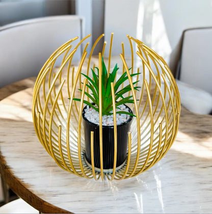 Artificial Succulent Plant in Metal Golden Globe Showpiece with Pebbles for Home and Office Decor