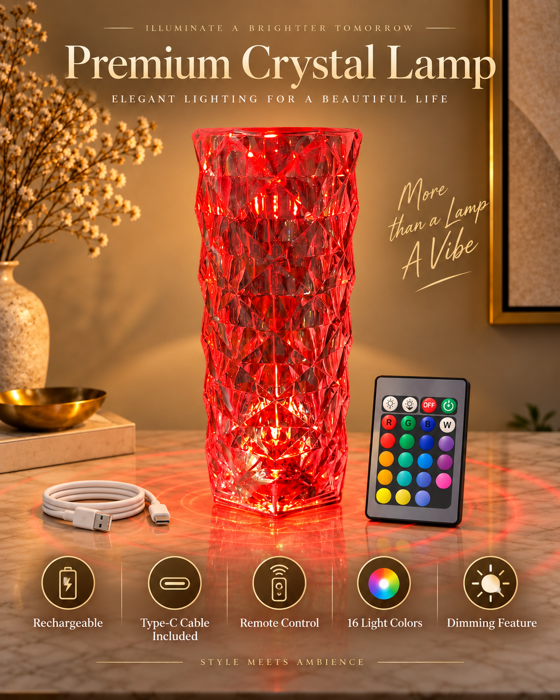 Rechargeable Premium Crystal Table Lamp with Remote Control & 16 Colors, 8.5 Inch