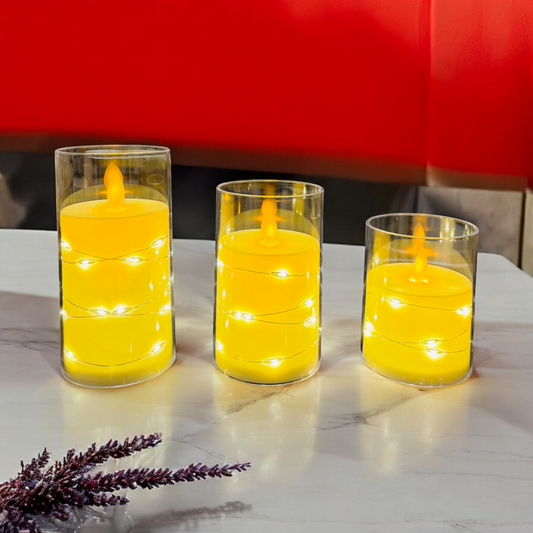 Artificial Candles with Glass Set of 3   – Warm Glow with String Lights for Ambient Decor