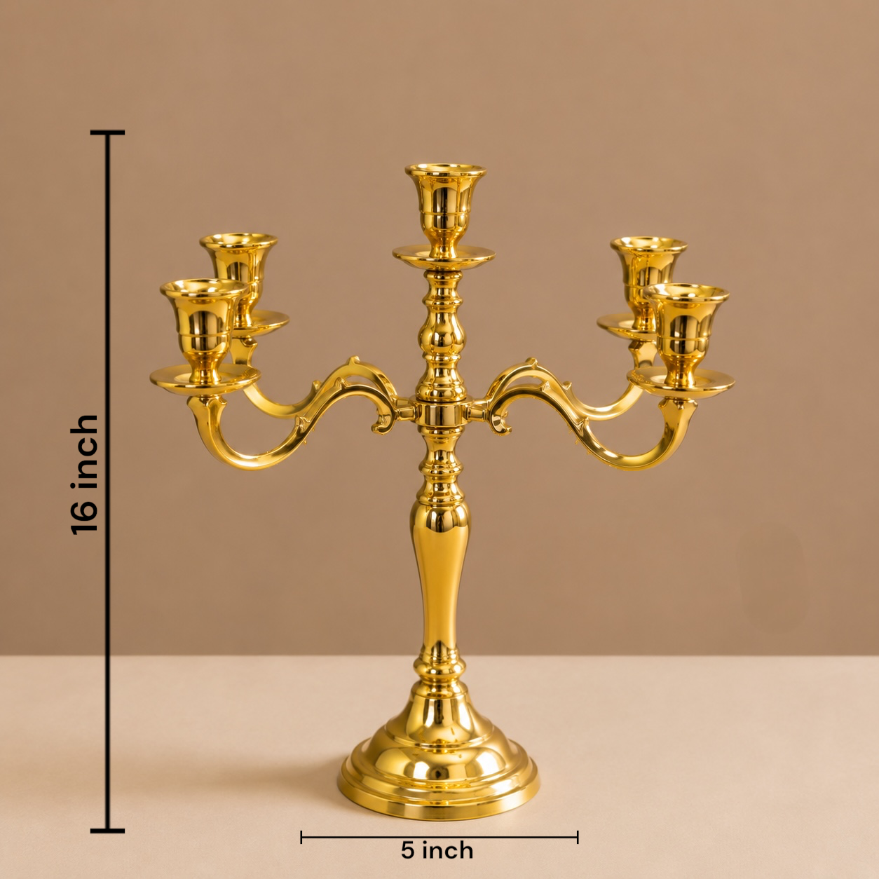 16 Inches Brass Candle Stand – Elegant 5-Arm Candelabra