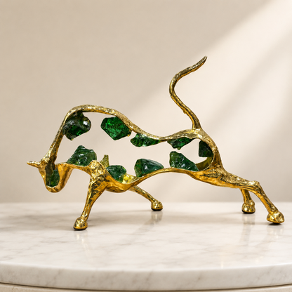 Luxury Golden Metal Bull Showpiece with Green Crystal Detailing – Decorative Bull Figurine for Home & Office Decor
