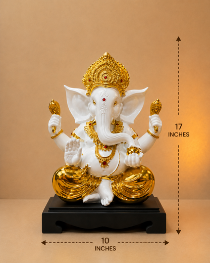 Luxury White & Gold Lord Ganesha Showpiece Statue for Home Décor & Pooja | Premium Decorative Idol | 17 x 10 Inches