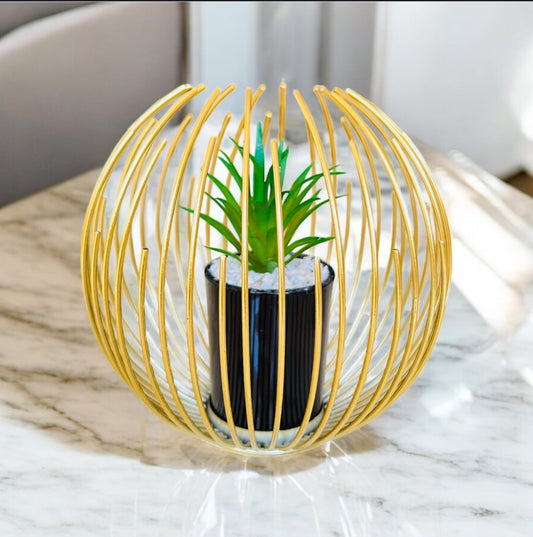 Artificial Succulent Plant in Metal Golden Globe Showpiece with Pebbles for Home and Office Decor