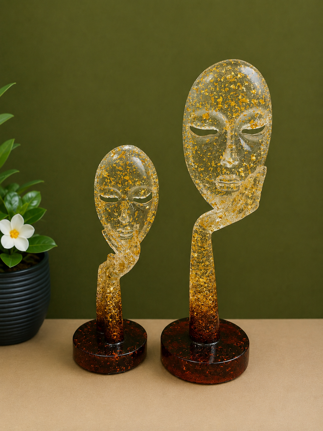 Golden Contemplation Transparent Resin Face Sculpture for Home and Office Decor