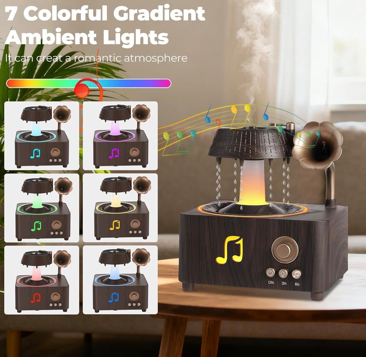Vintage Gramophone Rain Cloud Aroma Diffuser with Ambient Light, Music & Remote Control