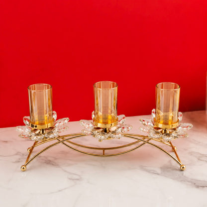 Luxury Gold Metal 3-Holder Crystal Lotus Candle Stand with Glass Votive Cups – Decorative Tealight & Pillar Candle Holder for Home, Dining Table, Living Room & Festive Décor (14 x 8.5 Inch)