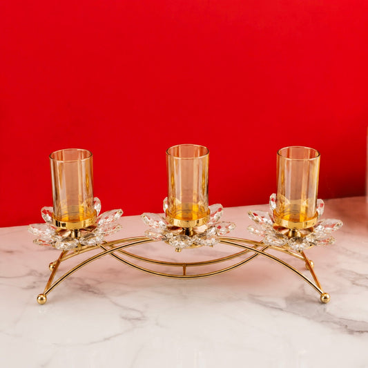 Luxury Gold Metal 3-Holder Crystal Lotus Candle Stand with Glass Votive Cups – Decorative Tealight & Pillar Candle Holder for Home, Dining Table, Living Room & Festive Décor (14 x 8.5 Inch)