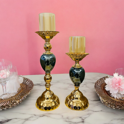 Chic Green and Gold Metal Candle Holders Set of 2 for Modern Home Decor