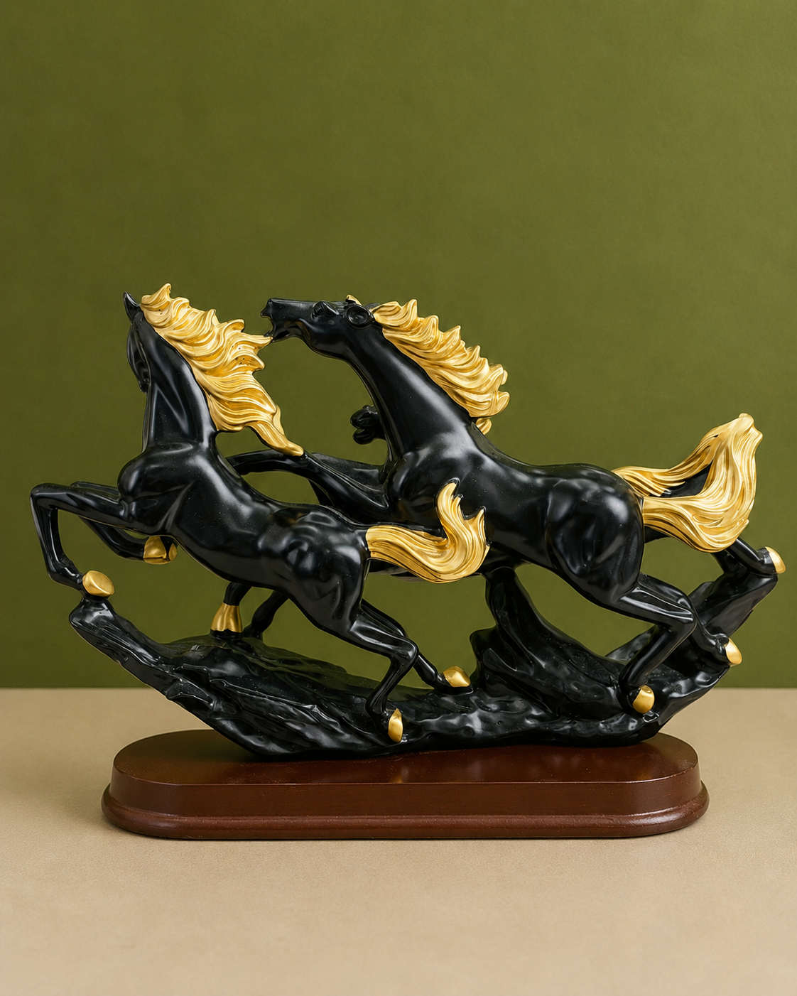 Galloping Trio Black and Gold Horses Resin Sculpture for Home and Office Decor