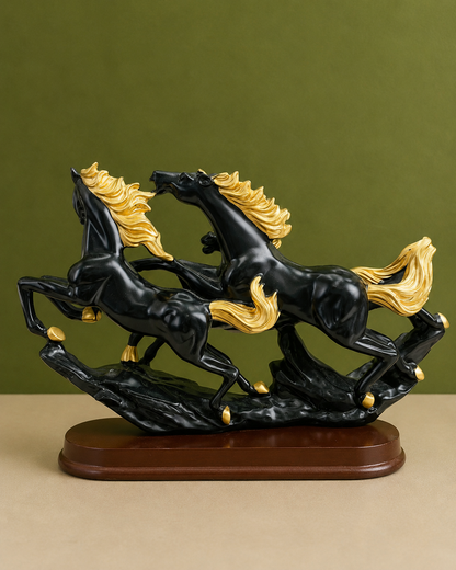 Galloping Trio Black and Gold Horses Resin Sculpture for Home and Office Decor