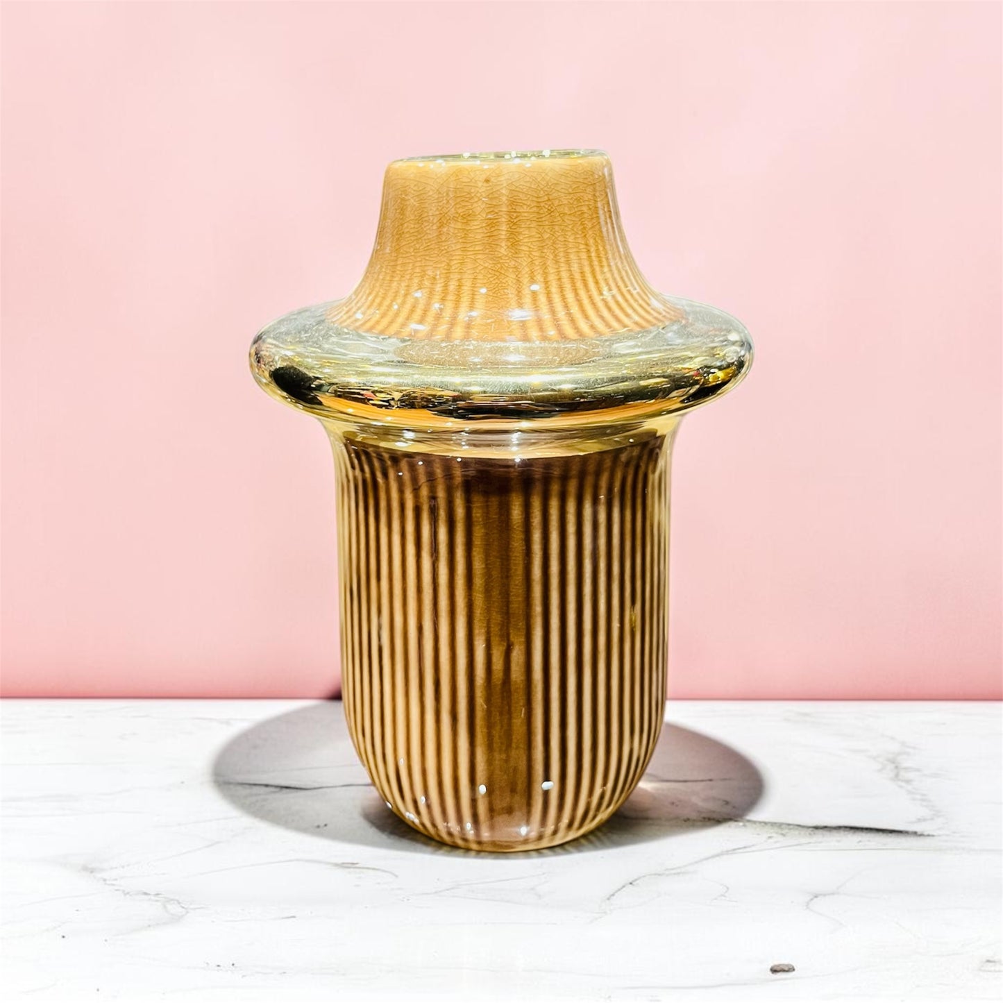 Contemporary Fluted Ceramic Vase with Gold Accent 8 Inch