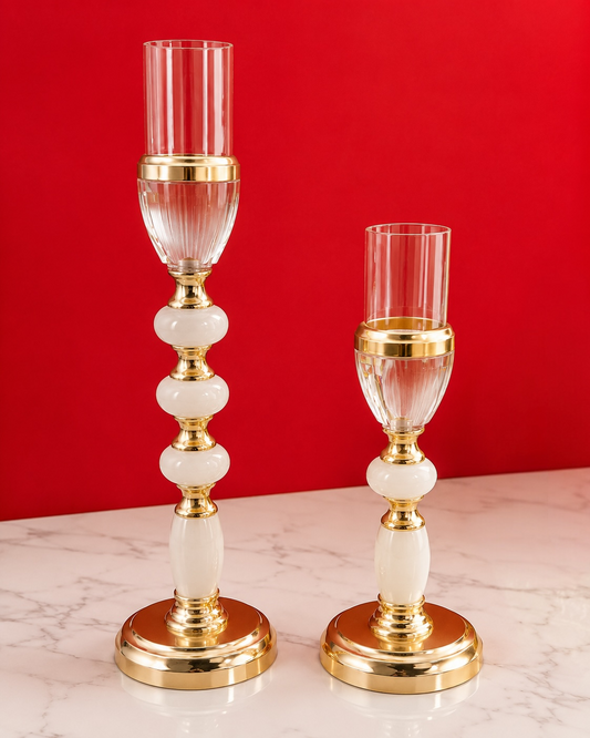 Elegant Decorative Candle Stand Set of 2 | Silver & White Metal Candle Holders | Modern Luxury Table Décor for Living Room, Dining Table & Home Decoration