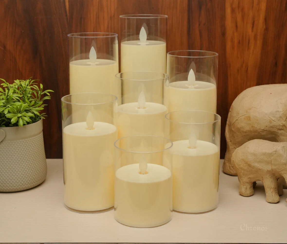 Acrylic Clear Glass Led Moving Flame Pillar Candles - 3inch Diameter