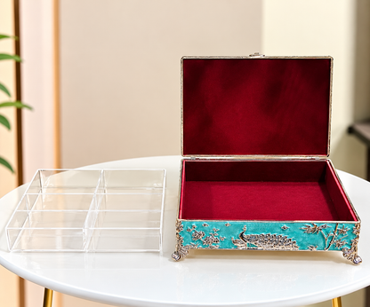 Premium German Silver Turquoise Enamel Peacock Jewellery & Dry Fruit Organizer Box, 8.5*6.5 Inches