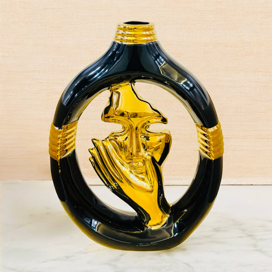 Luxury Black & Gold Abstract Face Metal Vase For Table Decor