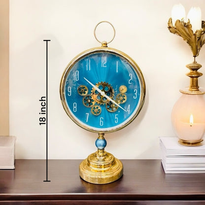 Vintage Gold & Blue Gear Table Clock – Steampunk-Inspired Decorative Timepiece