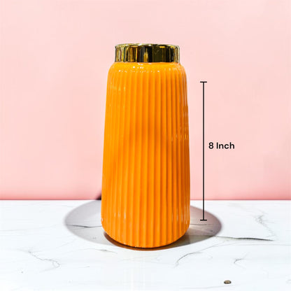 Modern Vibrant Orange Ribbed Ceramic Vase with Gold Rim 8 Inch