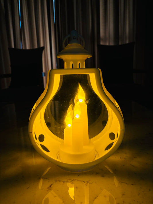 Modern Sculptural White Lantern with Integrated Triple LED Flameless Candles
