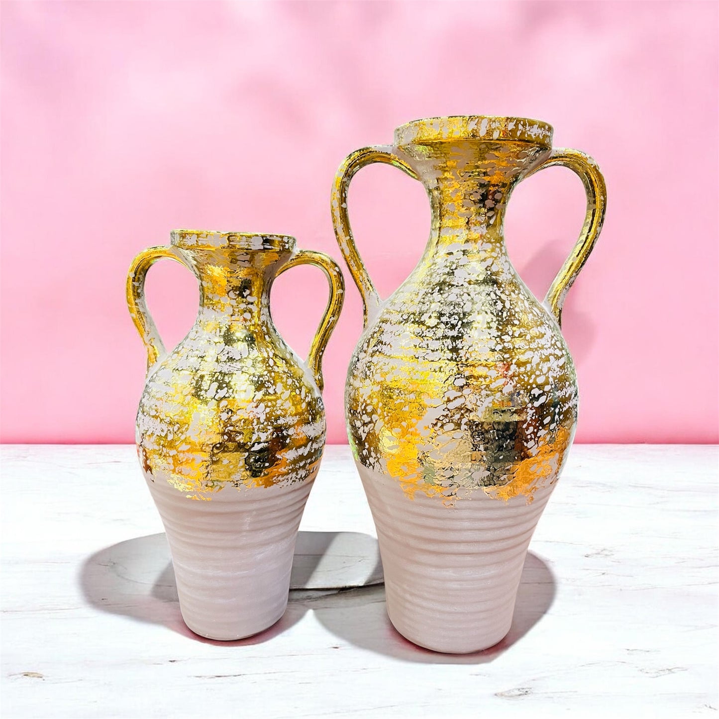 Rustic Distress Gold & Mauve Ceramic Urn Vase with Handles