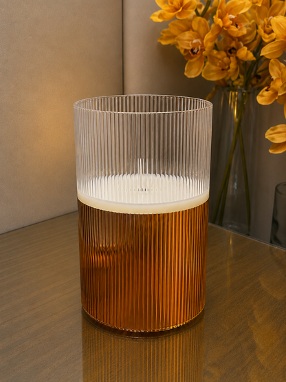 Dual-Tone Ribbed Glass LED Flameless Candle – 6 Inches, Diameter 4 Inch