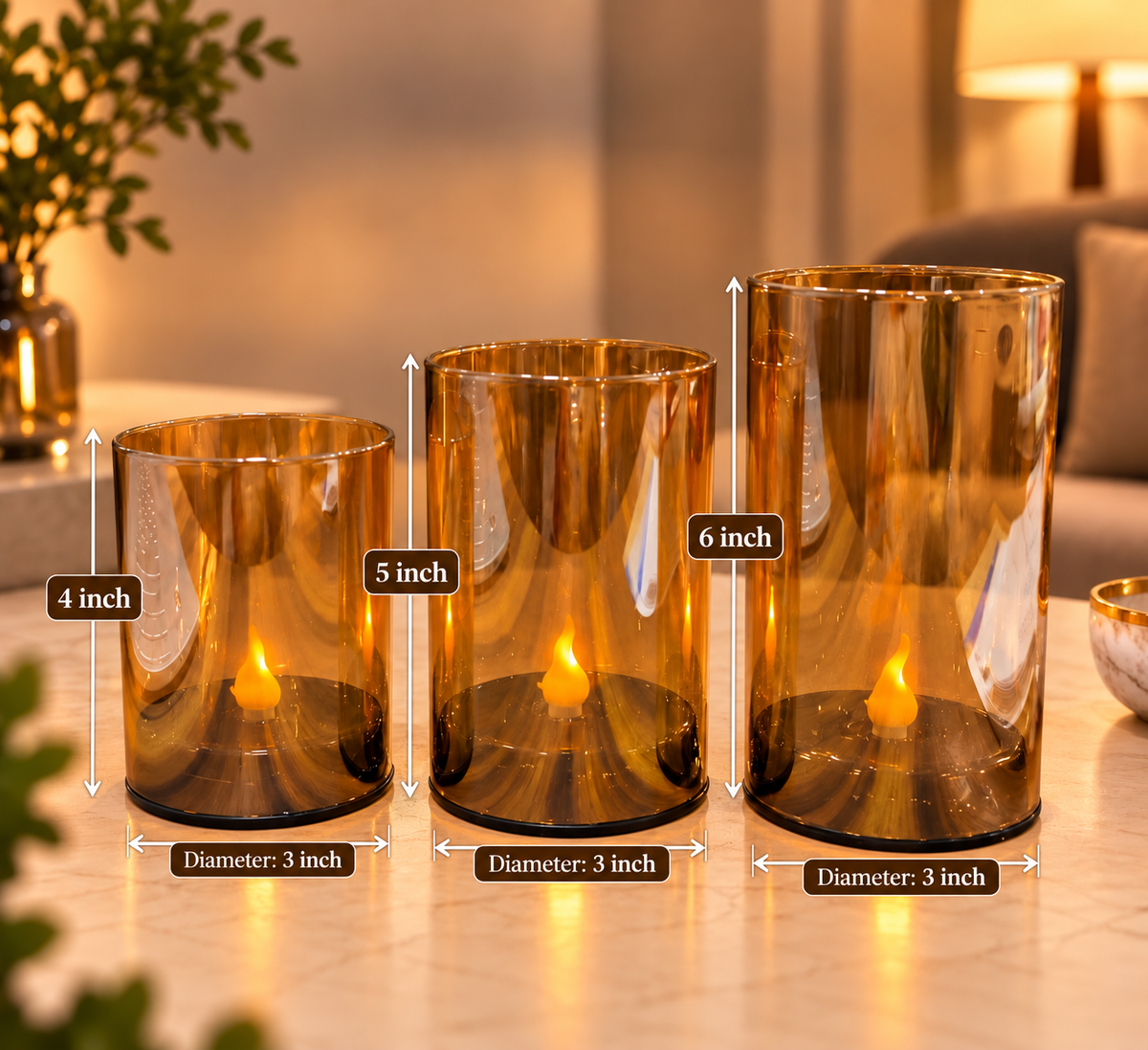 3D Mirrored Glass LED Candles Set of 3, (4,5,6 Inches) for Home Decor