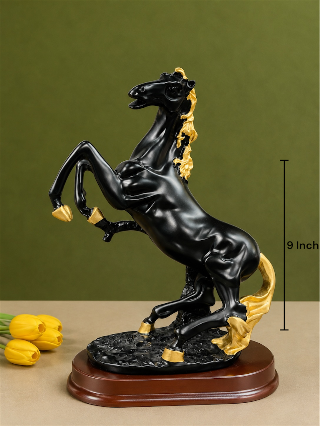 Majestic Rearing Black and Gold Horse Resin Statue for Home and Office Decor