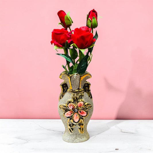 Resin Ornate Glitter Gold Vase with Artificial Rose Stem 8 Inch