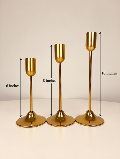 Set of 3 Golden Brass Taper Candle Stands – Elegant Tall Candle Holders for Home Decor
